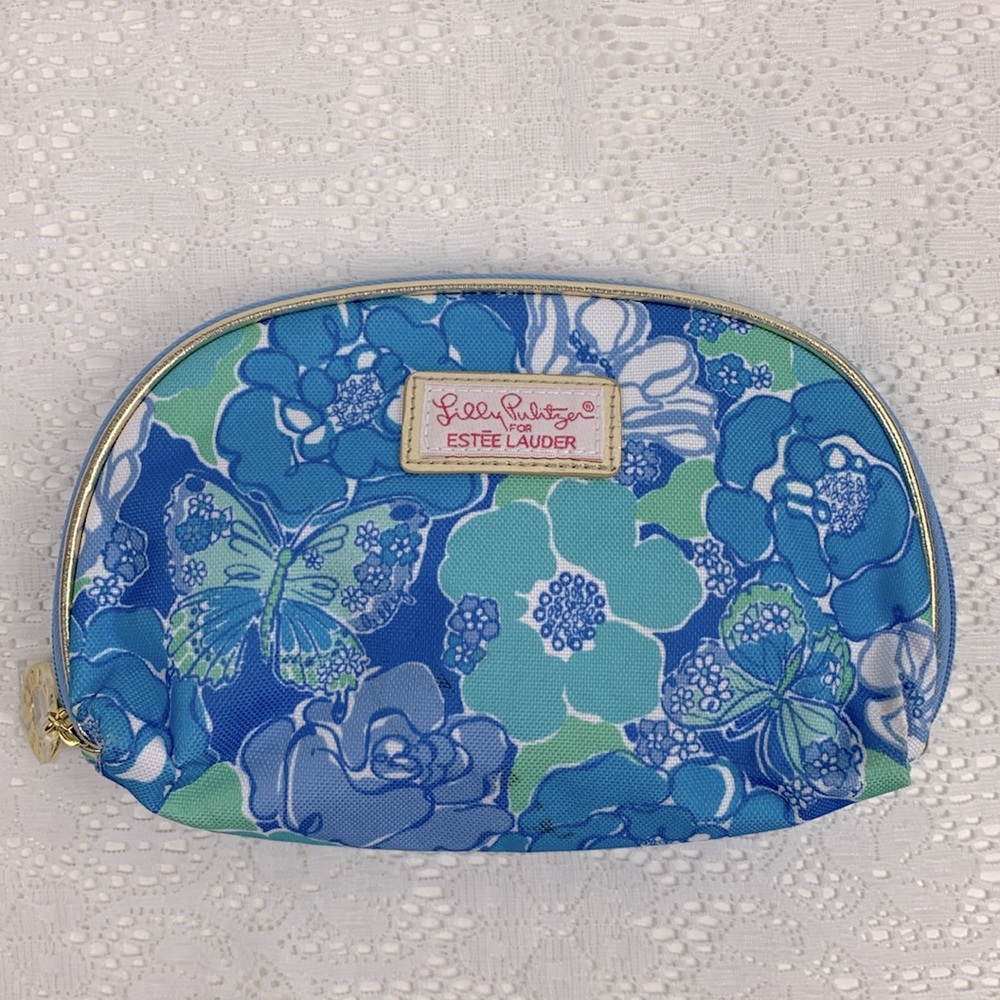 Lilly Pulitzer for Estée Lauder Cosmetic bag pouch gold Zip Close Pink lined
